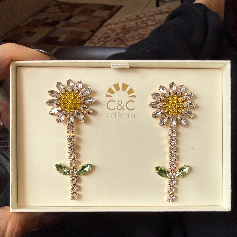C&C California Gold Sunflower Crystal Drop Earrings with Yellow & Green Accents